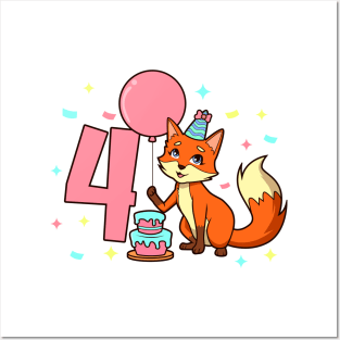 I am 4 with fox - girl birthday 4 years old Posters and Art